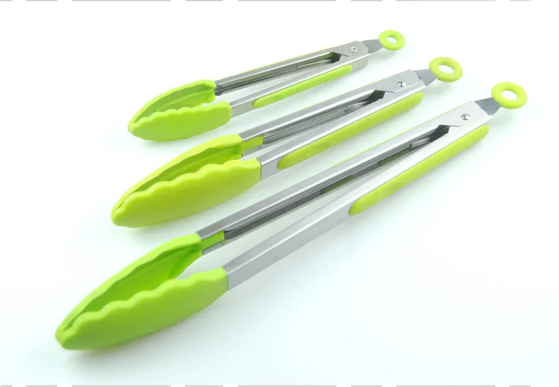 Set of 3 Green Silicone Kitchen Tongs Stainless Steel