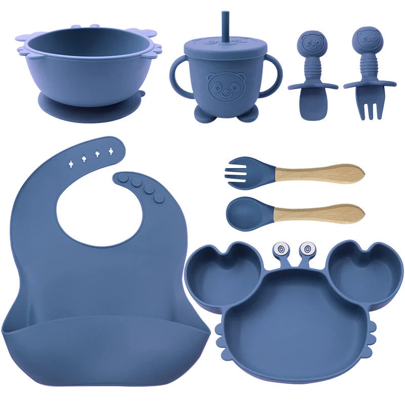 Blue 8-piece crab silicone bibs and bowl set