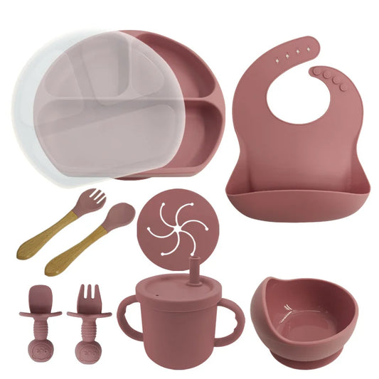 Dark pink 8-piece Silicone Baby Meal Set | Baby Utensils