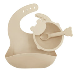 Beige 3-piece silicone bib and bowl set