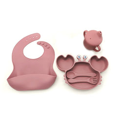 5-Piece Set With Silicone Spoon and Fork Dark pink Crab Shaped Silicone Bib and Infant Dinner Set