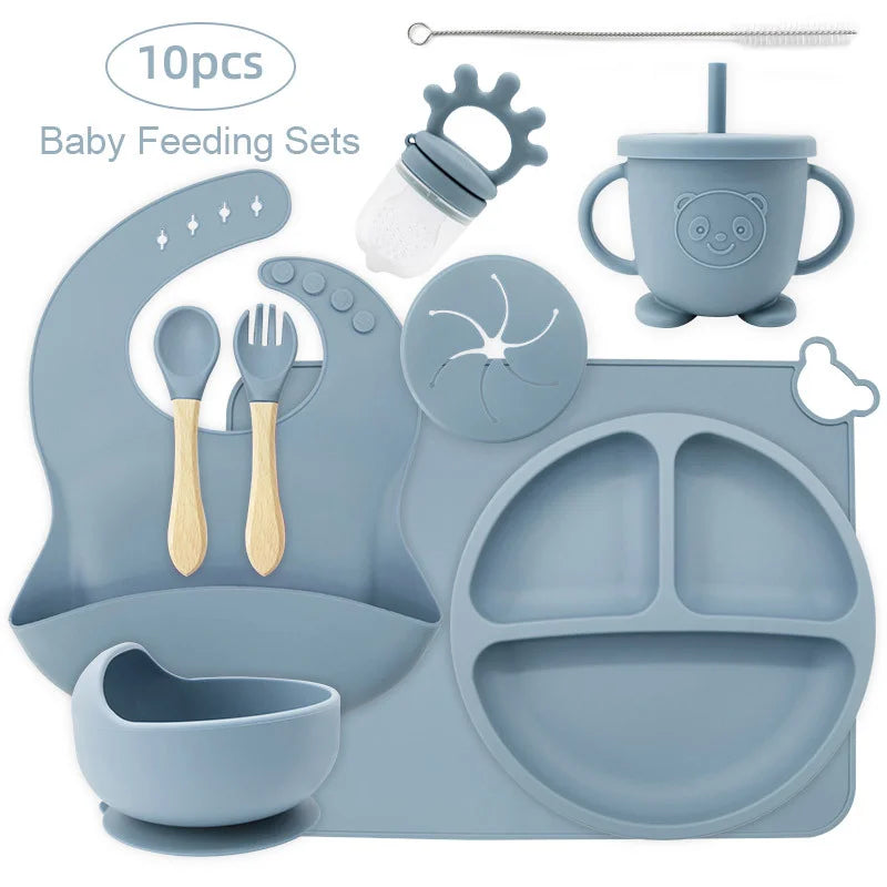 10-piece set with cup cover and fruit pacifier: Light Blue 10-Piece Silicone Bib and Infant Feeding Set