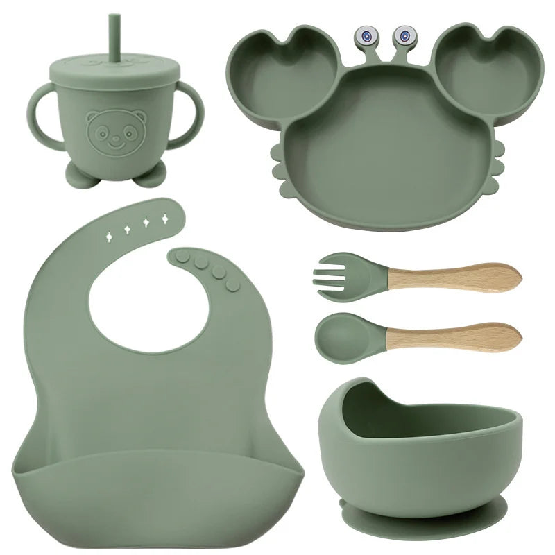 6-Piece Green Crab-Shaped silicone bibs and Children's Feeding set