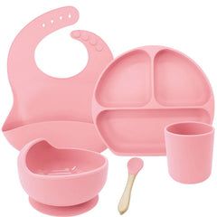 Light pink 5-piece silicone bibs and feeding set