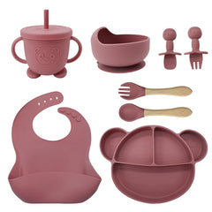 8-Piece Set Dark pink Mickey Mouse Silicone Bibs and Feeding Set