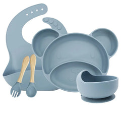 Light Blue Set with silicone bowl 5-piece Silicone Bibs and Baby Feeding Set