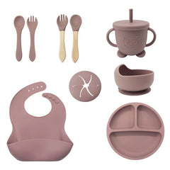 Brown 9-Piece Silicone Bibs and Children's Feeding Set