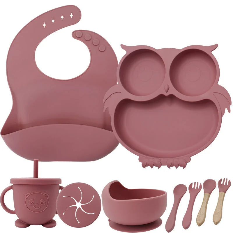 Dark pink 9-piece silicone bibs and self-feeding set