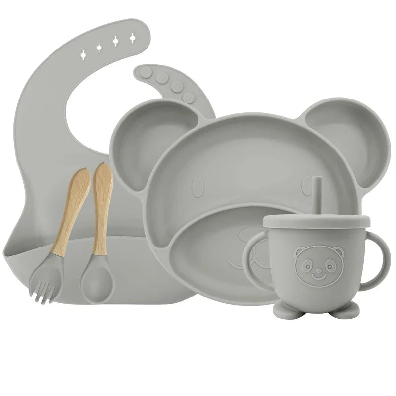 Silver Set with sip cup 5-piece Silicone Bibs and Baby Feeding Set