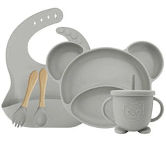 Silver Set with sip cup 5-piece Silicone Bibs and Baby Feeding Set