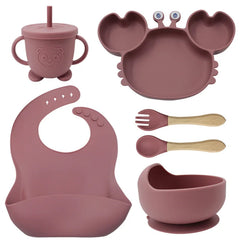 6-Piece Dark pink Crab-Shaped silicone bibs and Children's Feeding set