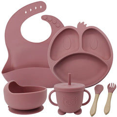 Dark pink 9-piece silicone bibs and baby feeding set