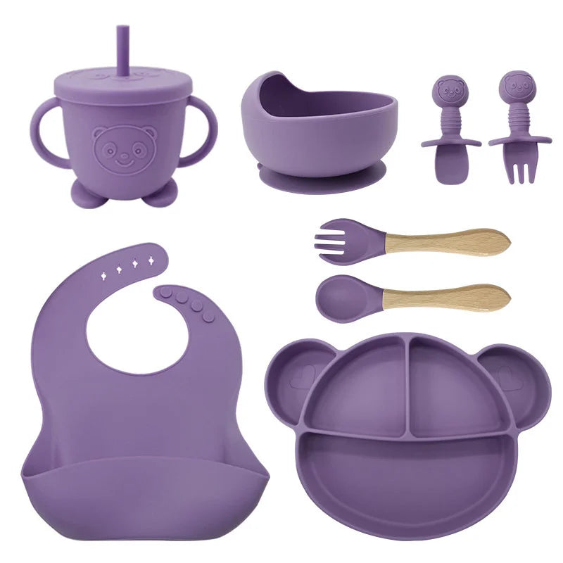 8-Piece Set Purple Mickey Mouse Silicone Bibs and Feeding Set