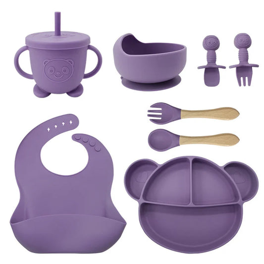 8-Piece Set Burgundy Mickey Mouse Silicone Bibs and Baby Feeding Set