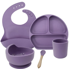 light purple 5-piece silicone bibs and feeding set