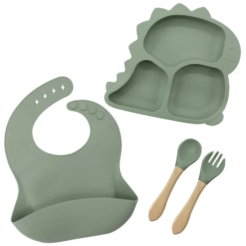 4 piece Green Dino Silicone Feeding Set