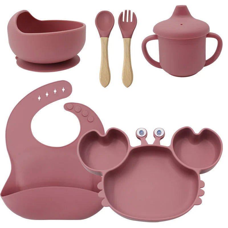 6-Piece Set With Wooden Spoon and Fork Dark pink Crab Shaped Silicone Bib and Infant Dinner Set