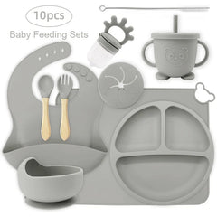 10-piece set with cup cover and fruit pacifier: Silver 10-Piece Silicone Bib and Infant Feeding Set