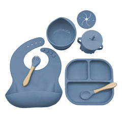 Blue 7-piece silicone bibs and feeding set