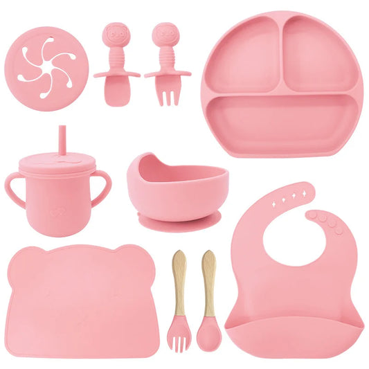 Light pink 10-Piece Silicone Bibs and Bowl Set | Baby Utensils