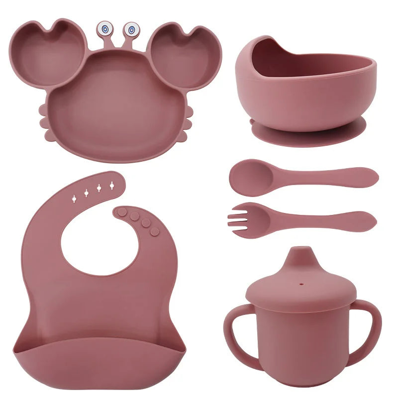 6-Piece Set With Silicone Spoon and Fork Dark pink Crab Shaped Silicone Bib and Infant Dinner Set