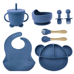 8-Piece Set Blue Mickey Mouse Silicone Bibs and Feeding Set