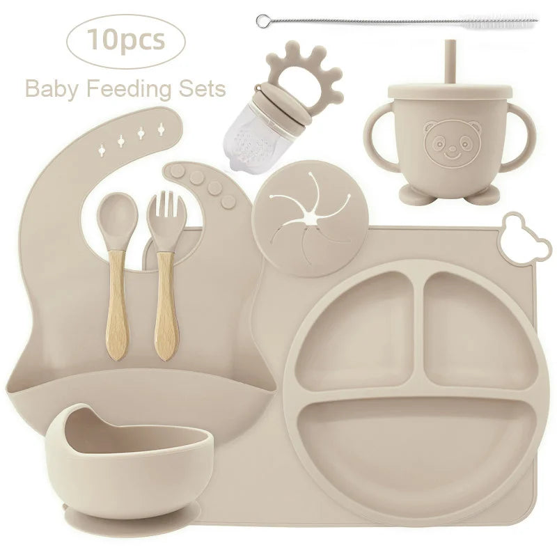 10-piece set with cup cover and fruit pacifier: Beige 10-Piece Silicone Bib and Infant Feeding Set