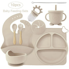 10-piece set with cup cover and fruit pacifier: Beige 10-Piece Silicone Bib and Infant Feeding Set