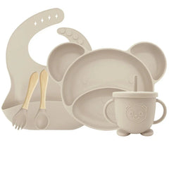 Beige Set with sip cup 5-piece Silicone Bibs and Baby Feeding Set