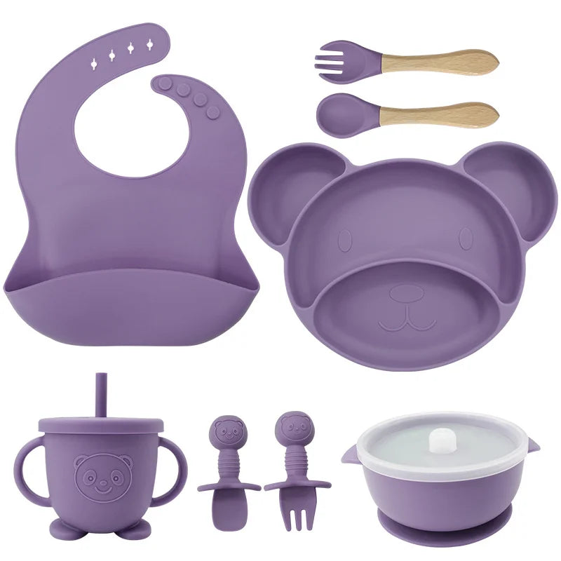 Purple 8-piece Mickey silicone bib and feeding set