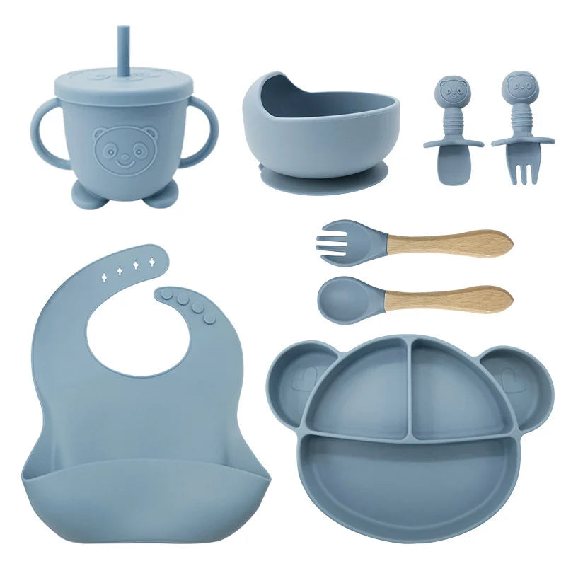 8-Piece Set Light Blue Mickey Mouse Silicone Bibs and Feeding Set