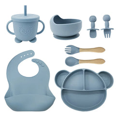 8-Piece Set Light Blue Mickey Mouse Silicone Bibs and Feeding Set