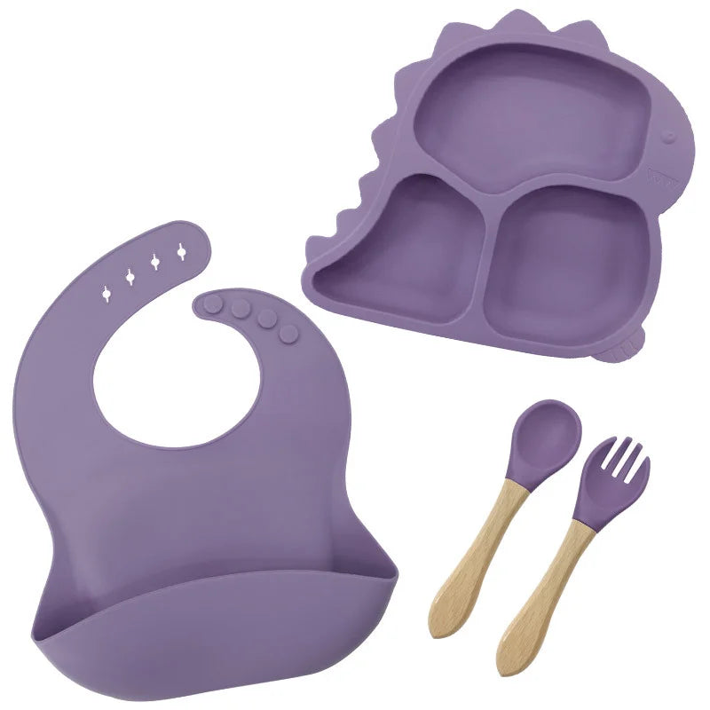 4 piece Purple Dino Silicone Feeding Set