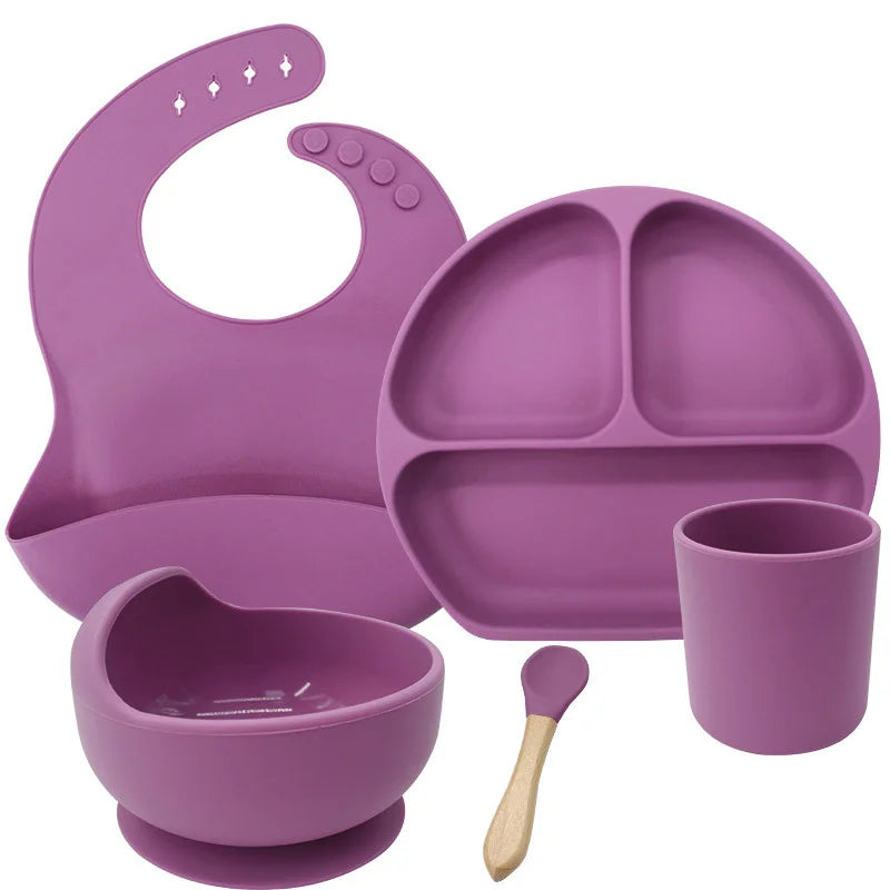 Purple 5-piece silicone bibs and feeding set