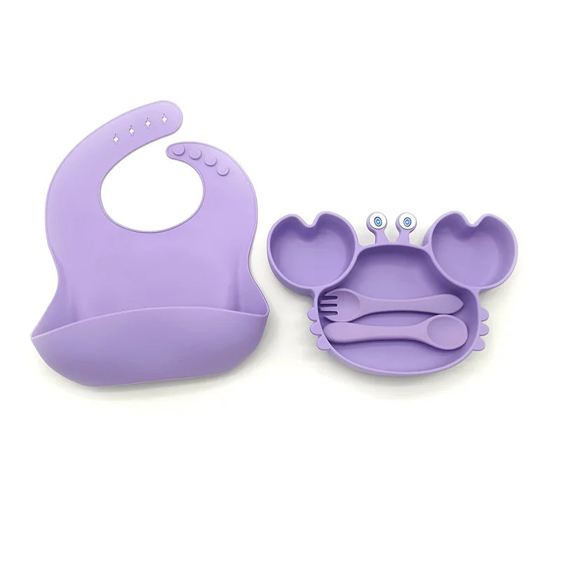 4-Piece Set With Silicone Spoon and Fork Purple Crab Shaped Silicone Bib and Infant Dinner Set