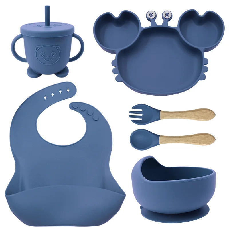 6-Piece Blue Crab-Shaped silicone bibs and Children's Feeding set