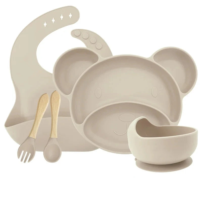 Beige Set with silicone bowl 5-piece Silicone Bibs and Baby Feeding Set