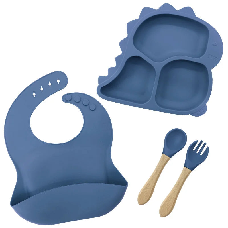 4 piece Blue Dino Silicone Feeding Set