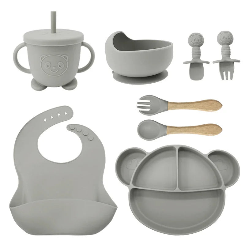 8-Piece Set Silver Mickey Mouse Silicone Bibs and Feeding Set