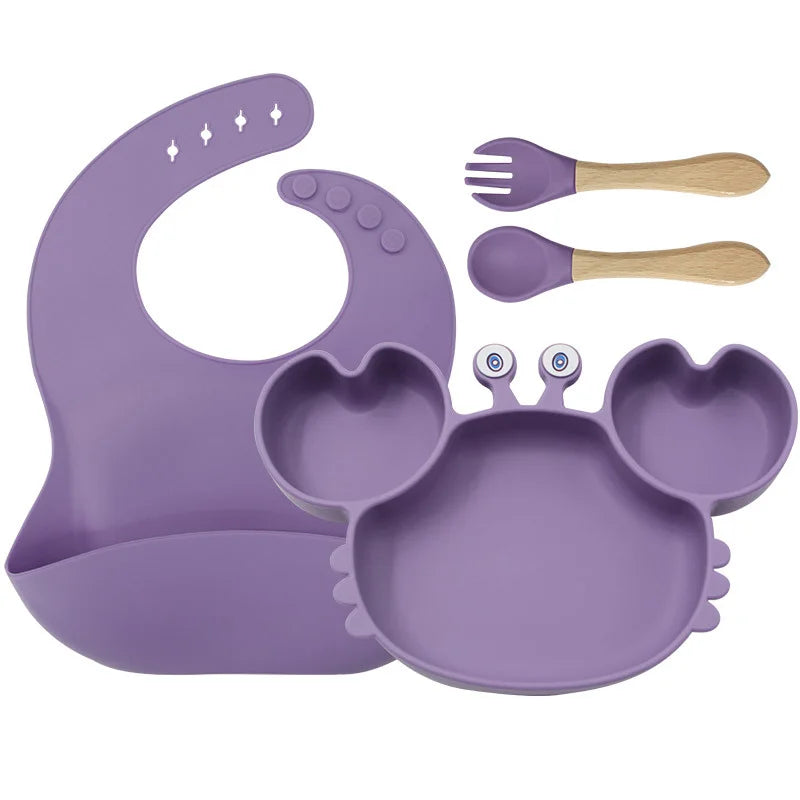 4-Piece Set With Wooden Spoon and Fork Purple Crab Shaped Silicone Bib and Infant Dinner Set