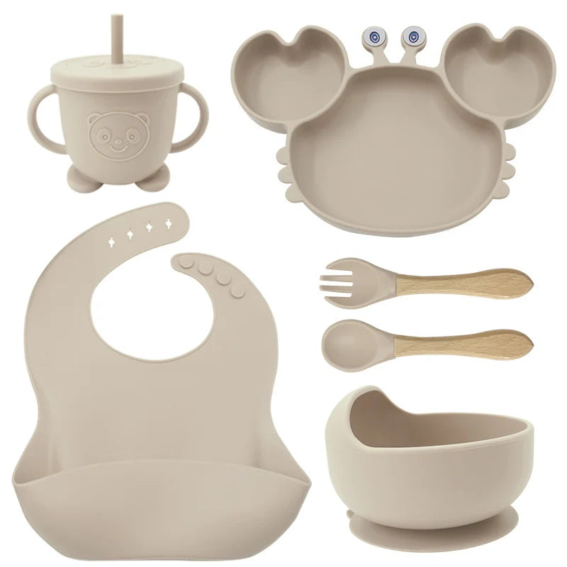 6-Piece Beige Crab-Shaped silicone bibs and Children's Feeding set