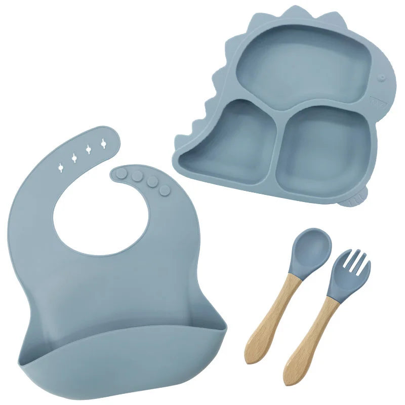 4 piece Light Blue Dino Silicone Feeding Set