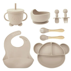 8-Piece Set Beige Mickey Mouse Silicone Bibs and Feeding Set