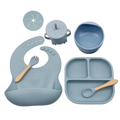 Light Blue 7-piece silicone bibs and feeding set