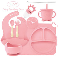 10-piece set with cup cover and fruit pacifier: Light pink 10-Piece Silicone Bib and Infant Feeding Set