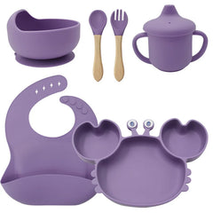 6-Piece Set With Wooden Spoon and Fork Purple Crab Shaped Silicone Bib and Infant Dinner Set