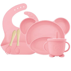 Light pink Set with sip cup 5-piece Silicone Bibs and Baby Feeding Set