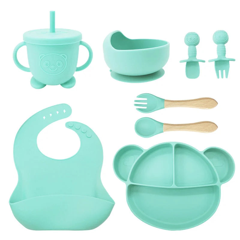 8-Piece Set cyan Mickey Mouse Silicone Bibs and Feeding Set