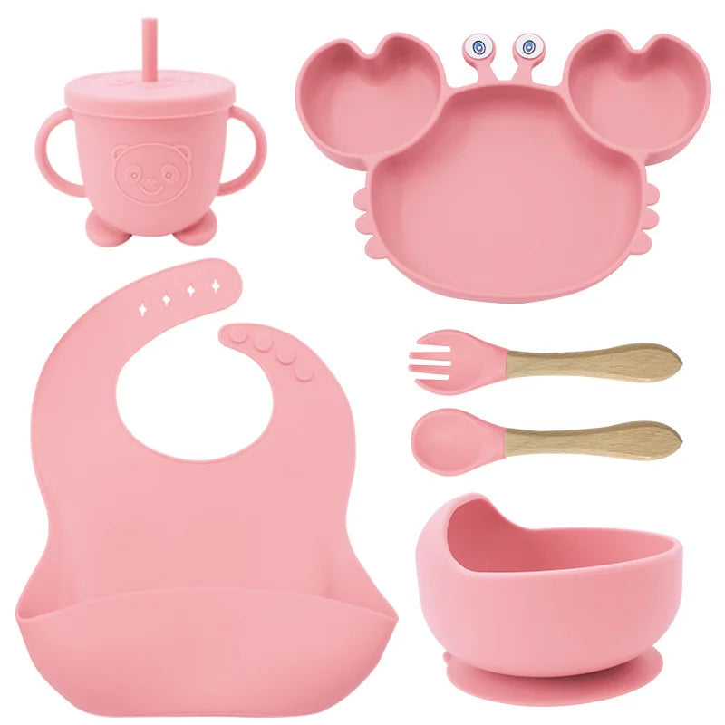 6-Piece Light pink Crab-Shaped silicone bibs and Children's Feeding set