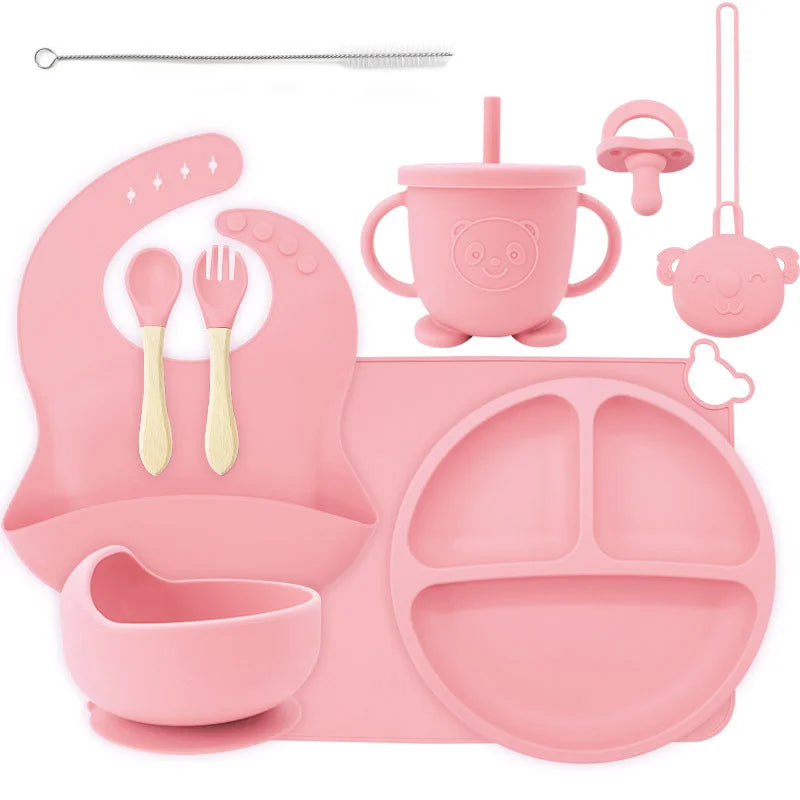 10-piece set with a pacifier and pacifier holder: Light pink 10-Piece Silicone Bib and Infant Feeding Set